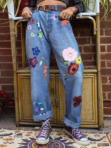 Airchics jeans droit large longue imprimé à fleurie femme pantalon bleu